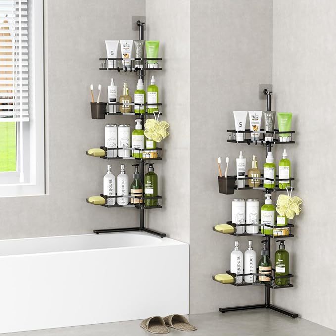 Standing Corner Shower Caddy - 4-Tier Rustproof Adjustable Shower Shelves | Floor Standing Shower Organizer Rack, No Drill Corner Shower Shelf for Bathroom, Apartments and Renters