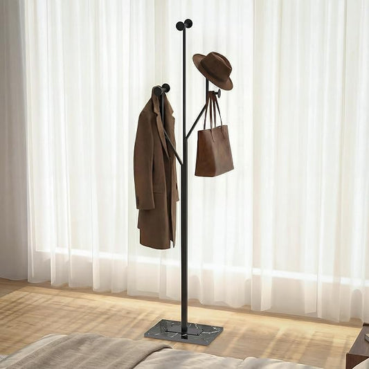 Coat Rack Stand, Freestanding Metal Coat Rack with Sturdy Marble Base, Modern Standing Coat Rack Tree with 8 Hooks for Entryway, Bedroom, Office & Hallway, Space-Saving Design, Black, 68.9 Inches Tall