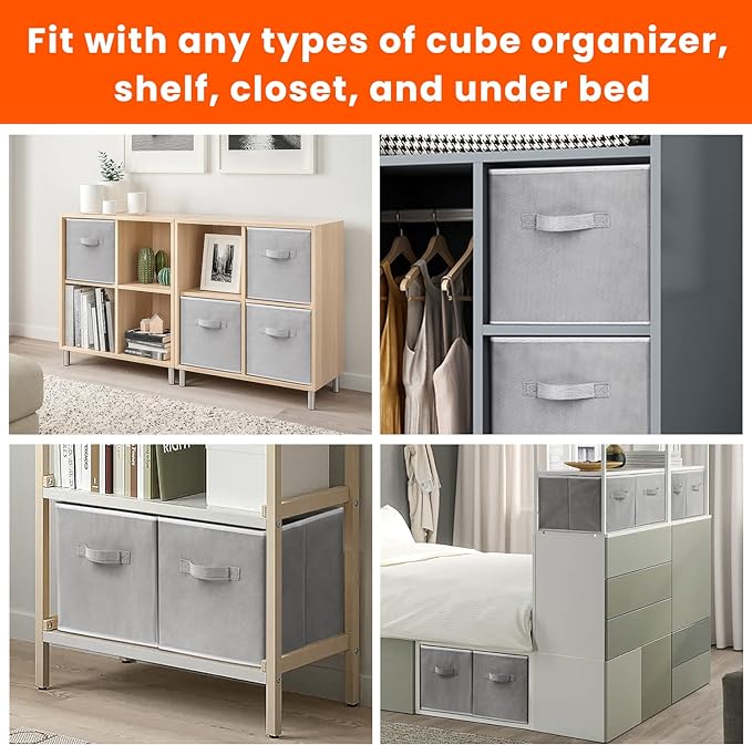 Criusia Large Storage Cubes - 13 Inch Heavy Duty Fabric Storage Bins for Shelves Closet, Cube Organizer - 8 Pack Collapsible Cube Storage Bins Baskets for Organizing Clothes Blankets Toys (Grey)