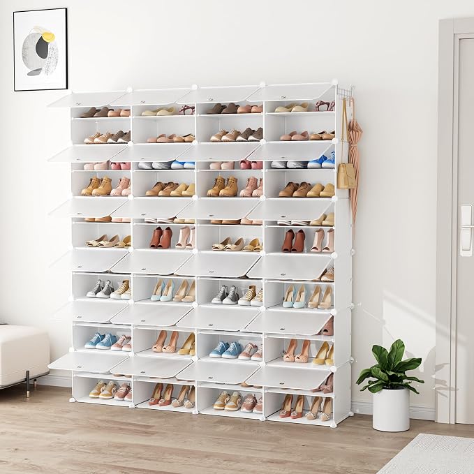 Shoe Rack Organizer 12 Tier Shoe Storage Cabinet with Door 96 Pair Tall Shoes Rack Expandable Free Standing Sturdy Plastic Easy Assembly Shoes Shelf for Closet Entryway Bedroom Hallway White