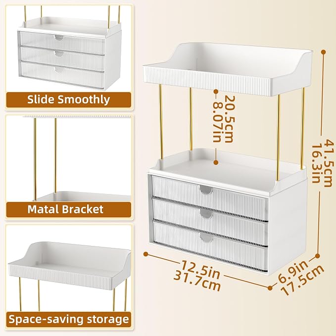 StorBin Arcylic 5-Tier Makeup & Skincare Organizer for Vanity, Bath, 2 Sets | Smooth 3 drawers, clear body, gold frame, non-slip, for perfumes, serums, face masks, palettes, vanity & bath counter,Clear