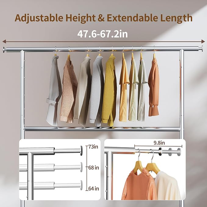 Luxspire Heavy Duty Clothes Rack with Lockable Wheels Load 600 LBS, Silver | Double hanging rods, heavy-duty iron mesh frame, adjustable extendable rods, ideal for laundry room & bedroom garment storage