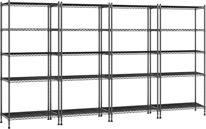 Romorgniz 5-Tier Shelf 1010LBS Storage Shelves Tool-Free Assembly,Adjustable Metal Shelving,Wire Shelving Unit for Kitchen Pantry Closet Laundry Bathroom,Black,4P
