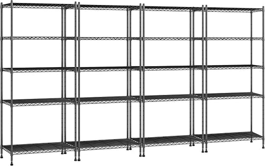 Romorgniz 5-Tier Shelf 1010LBS Storage Shelves Tool-Free Assembly,Adjustable Metal Shelving,Wire Shelving Unit for Kitchen Pantry Closet Laundry Bathroom,Black,4P