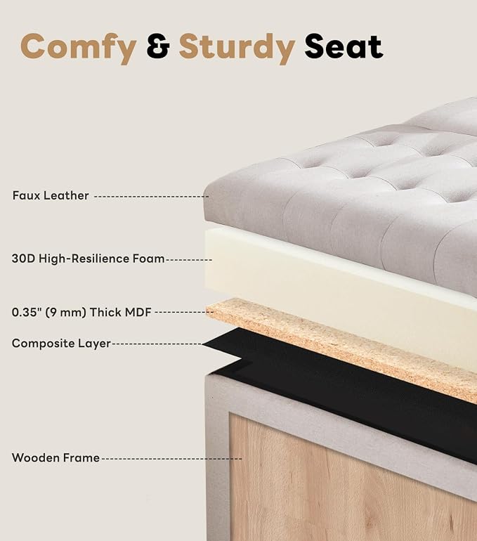 Tbfit Large Square Storage Ottoman Bench, Tufted Upholstered Coffee Table with Lift Top & Solid Wood Legs, Oversized Storage Ottomans Toy Box for Living Room (Beige)