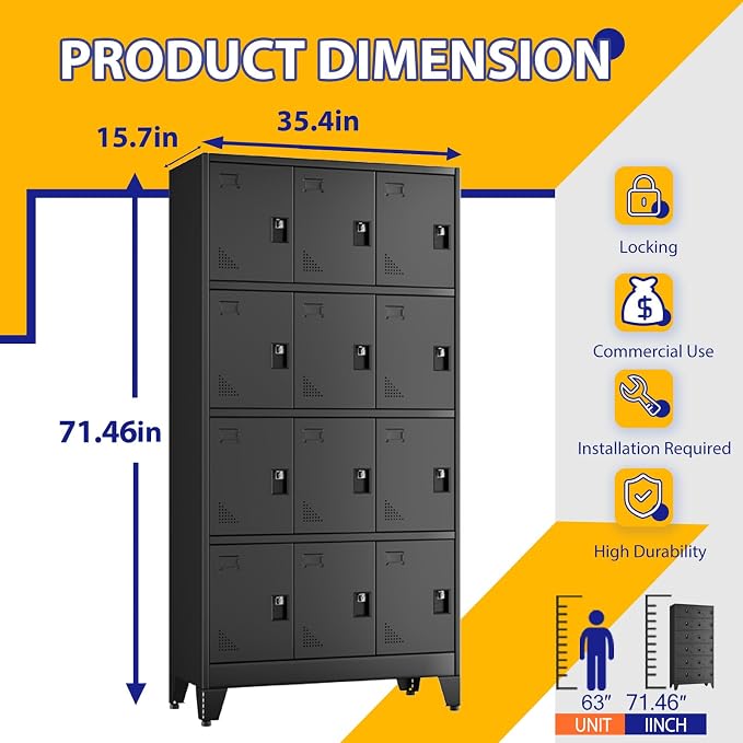 PAOFIN Metal Storage Lockers for Employees with Lock,Metal Storage Locker with 15 Doors for School Garage Office Gym Bedroom,Assembly Required,15 Door Black