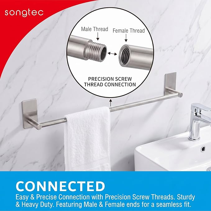 Adhesive Bath Towel Bar 24-inch, No Drill Stick On Towel Rack, Easy Install with Self-Adhesive, Premium SUS304 Stainless Steel (Brush Nickle, 24)