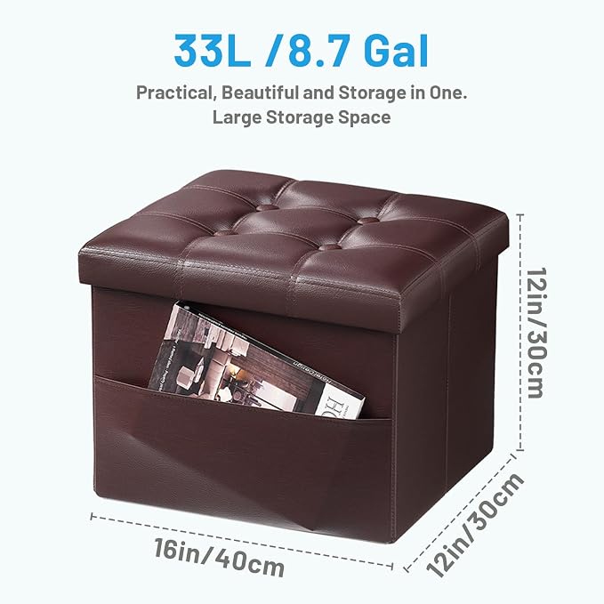 Bsketa Storage Ottoman Bench, 16" Folding Leather Foot Rest, Brown 2 Pack | Small Ottoman with Side Pockets, Thicker Foam Padded Seat, Livingroom, Dorm, Bedroom, Easy to install, 38L, 16x12x12in