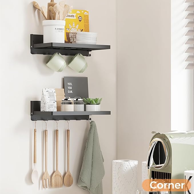 Small Folding Metal Shelf with Hooks, Fold-up Wall Shelf, 6 Hooks, Drop Down Floating Shelf for Laundry Room, Kitchen, RV, Toilet Room, Garage, Utility, Black（11.8", 1 Pack）