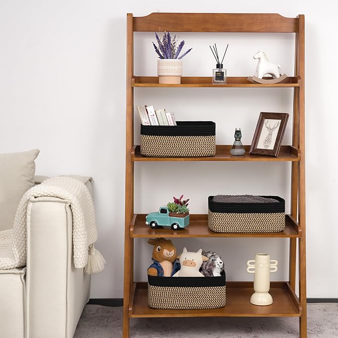 Goodpick 3-Pack Wicker Storage Baskets for Organizing, 13 x 8 x 5 in | Woven Baskets for Shelves, Closet Organizer Bins, Empty Baskets for Gifts,Woven Basket for Play Room, Black & Jute