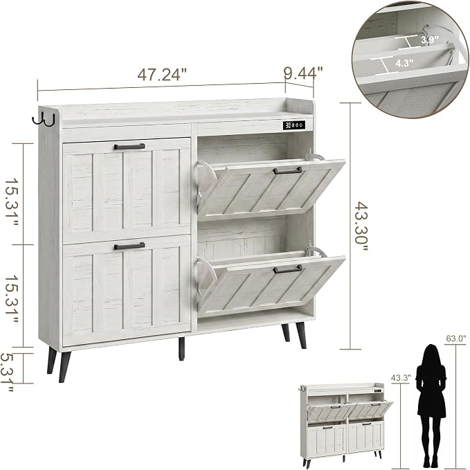 ChooChoo Shoe Storage Cabinet with 4 Flip Drawers and Deodorizer | Shoe Organizer Storage for Entryway, Freestanding Hidden Slim Narrow Shoe Rack Cabinet, Antique White