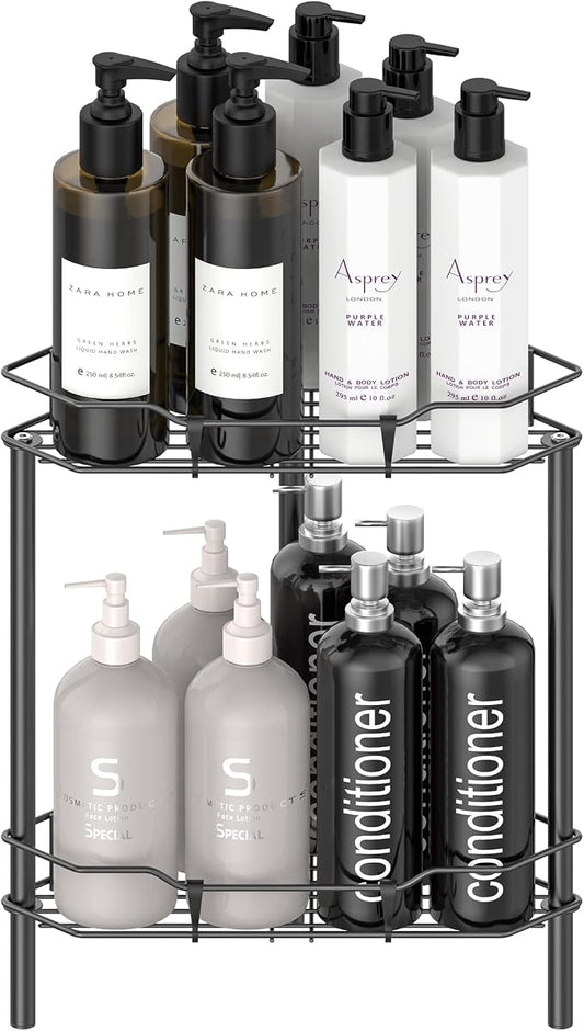 HuggieGems 2 Tier Floor Standing Corner Shower Caddy Organizer Shelf with Hooks, Bathroom Shelves Stand Rack, Matt Black
