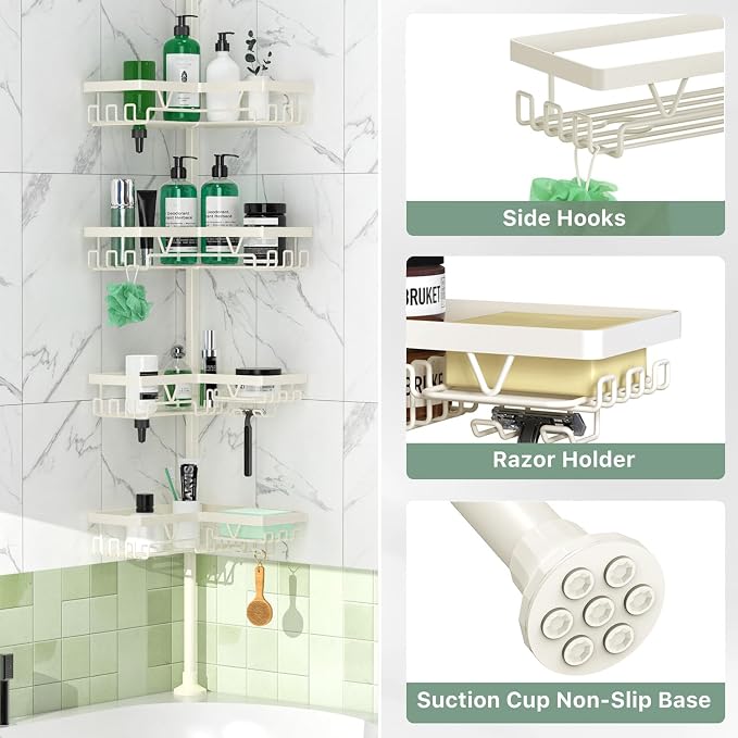 DAOYA Corner Shower Caddy Tension Pole - Adjustable Shower Caddy Off-white | WIth 28 Hook/2 Soap Dish/ 2 Razor Holder, Rustproof, For Bathtub/Bathroom, Floor to Ceiling 25-114 Inch, Simple Install