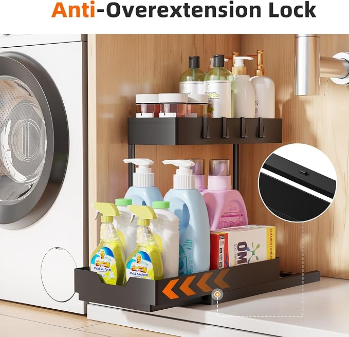 Simple Trending Under Sink Organizer 2 Pack, 2 Tier with Sliding Basket | Multi-Use Cabinet Organizer for Kitchen & Bathroom, Sink Storage Basket with 4 Hooks, L-shape, Easy Assembly, Black