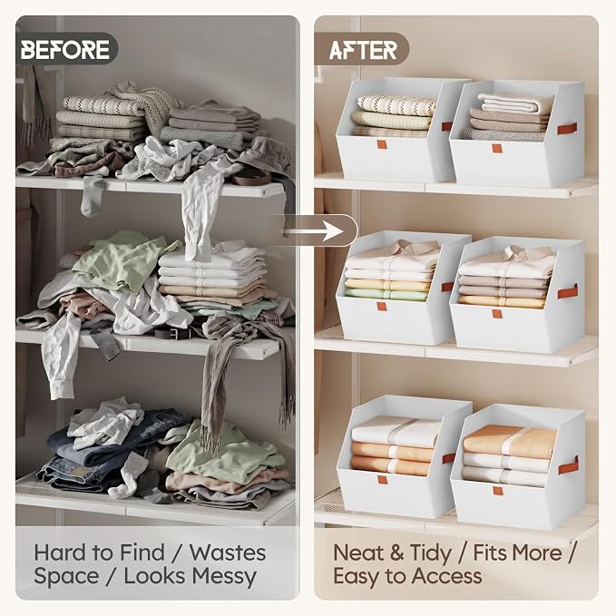Homsorout Fabric Closet Storage Cubes - 6 Pack Square Storage Bins with Dual Handles for Clothes, Towels, Toys, Cube Storage Organizers for Bedroom, Nursery, Shelves, Closet, Small Spaces, White