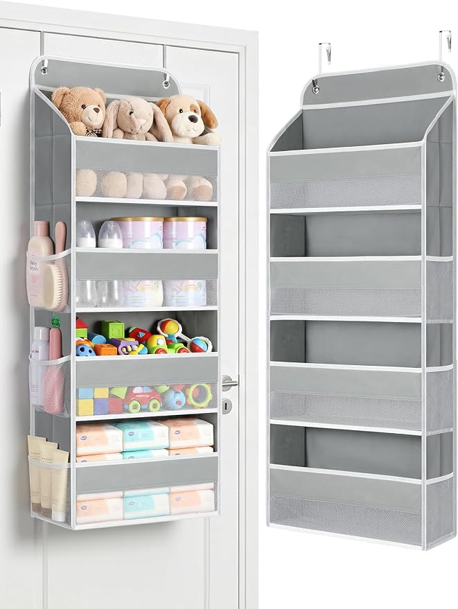 Yecaye Over the Door Organizer, Stuffed Animal Storage, Bathroom Organizers and Storage for Nursery Newborn Baby Essentials Stuff Dorm Room, Widen by 7cm, Deepen by 3cm, Grey 4 Tier Extra-Large
