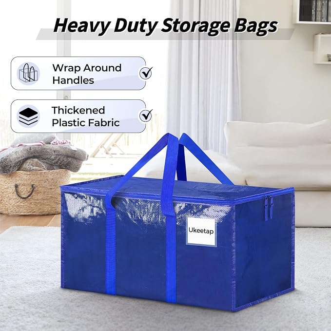 8 Pack Extra Large Clothes Storage Bins with Lids, Storage Bags with Reinforced Handles & Heavy-Duty Zippers, Moving Bags, Moving Boxes Totes for Clothes Packing, Dorms, College Supplies, Blue