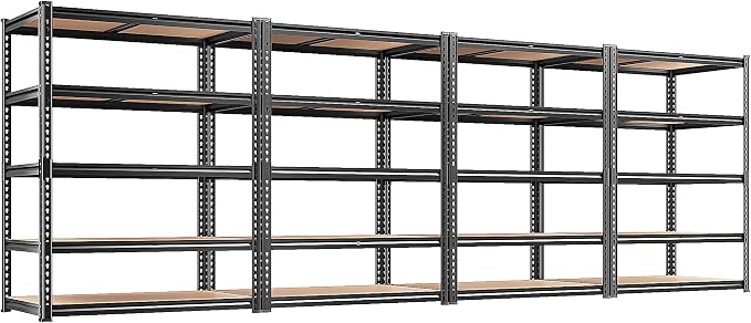REIBII 2400LBS Storage Shelves 5 Tier Garage Shelving Heavy Duty, Adjustable Metal Shelving, Garage Shelves for Basement, Warehouse, Pantry, Closet, Kitchen 72" H x 36" W x 16" D, Black, 4 Pack