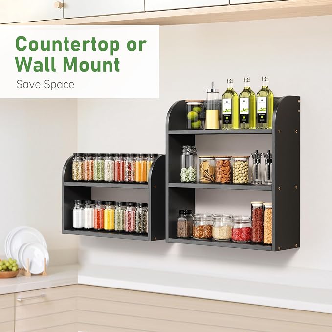 ROMGUAR CRAFT 2 Tier Bamboo Spice Rack, Countertop or Wall Mounting Wood Spice Jars Organizer Shelf for Kitche, Pantry (Black)