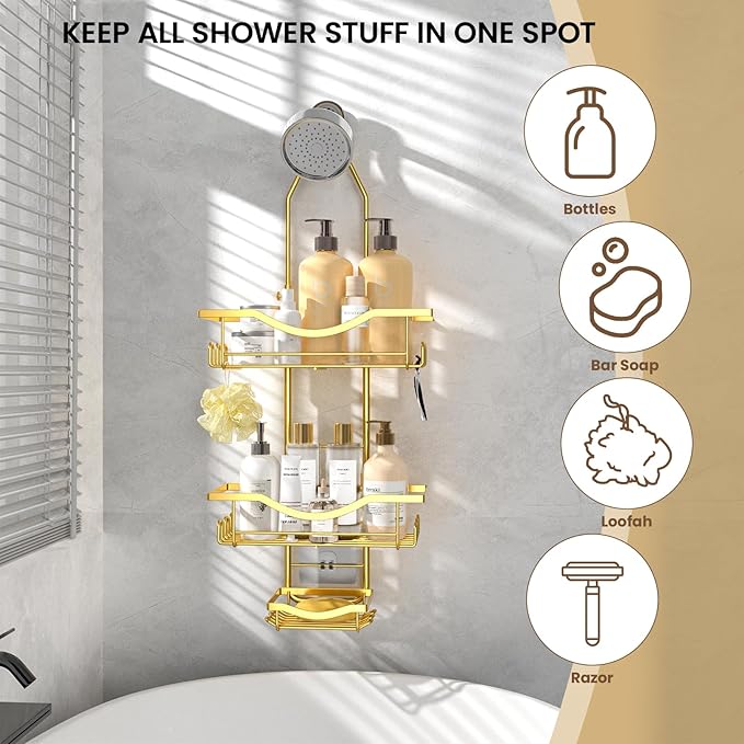 Shower Caddy Hanging Adjustable Shower Caddy, Rustproof Shower Organizer Extended Length Showers Caddy Over Shower Head with Hooks Soap Holder, Large Capacity Anti-Swing Bathroom Organizer, Gold | Shower Caddy Over Showerhead, Extra Long, No Drilling, ...
