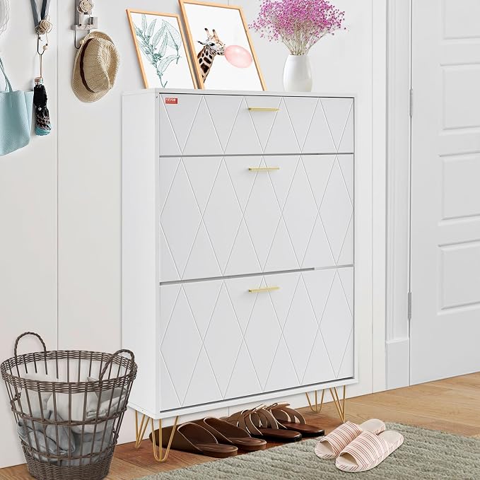 VEVOR Shoe Cabinet with 2 Flip Drawers, Modern Shoes Storage Cabinet with Storage Drawer and Anti-Tipping Device, Freestanding Shoe Organizer Ideas for Entryway, Hallway, Bedroom, Living Room, White
