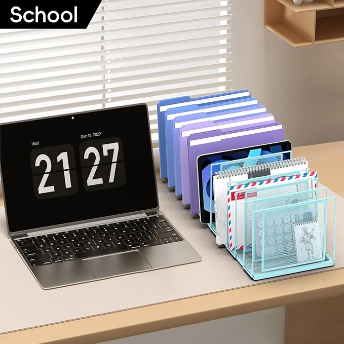File Organizer for Desk, 11-Section Vertical File Sorter, Paper Holder Organizer Standing Metal File Folder for Office Home Classroom, Blue