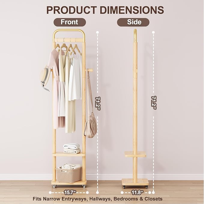 Solid Rubberwood Coat Rack – 71.2" Tall Standing Rack with Locking Wheels, 2-Tier Shelves & Side Hooks, Slim Hall Tree for Entryway or Bedroom (Natural Wood 15.7" W x 71.2" H)