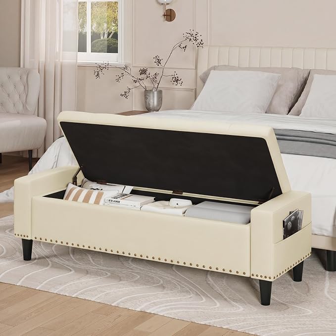 60" Storage Ottoman Bench, Faux Leather Upholstered Bed Bench with Tufted Buttons and Nailhead Trim, Large Ottoman with Storage for King Size End of Bed, Bedroom, Entryway, Hallway (Cream White)