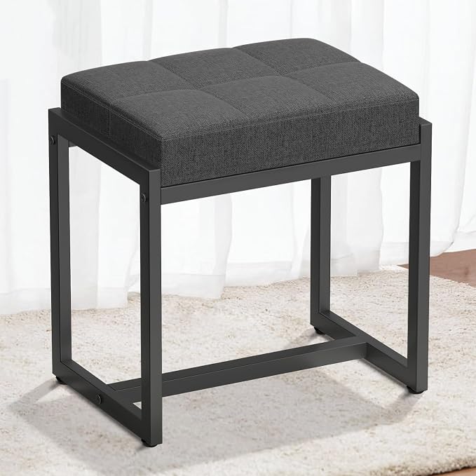 Vanity Stool, Vanity Chair Stools for Makeup Room, Square Linen Makeup Stool for Vanity, Modern Padded Vanity Bench Small Ottoman Foot Rest Stool for Bedroom Living Room, Dark Grey & Black