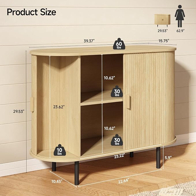 40" Sideboard Buffet Cabinet with Storage, Storage Cabinet with Sliding Door & Adjustable Shelf, Modern Accent Coffee Bar Console Table for Kitchen, Entryway, Oak