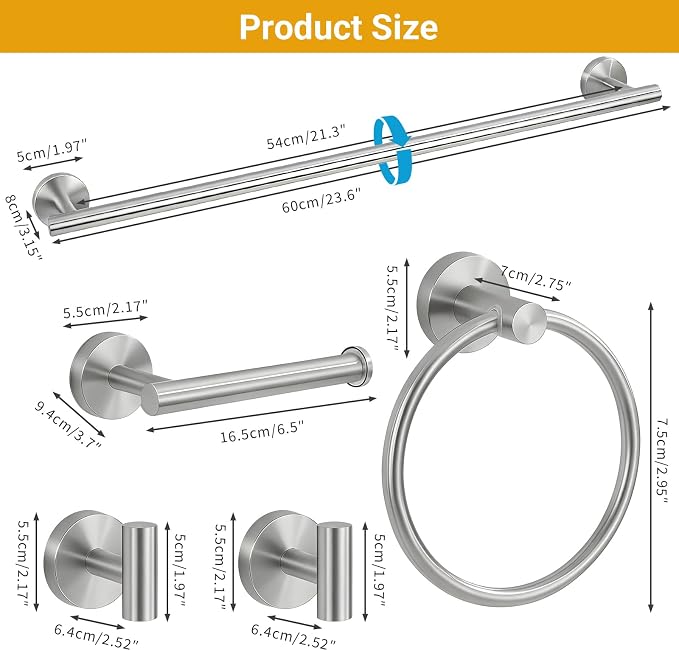 5 Piece Bathroom Towel Bar Set - SUS304 Stainless Steel Brushed Nickel Bath Towel Holder, 16 Inch Towel Racks for Bathroom Wall Mounted, Bathroom Hardware Accessories Set