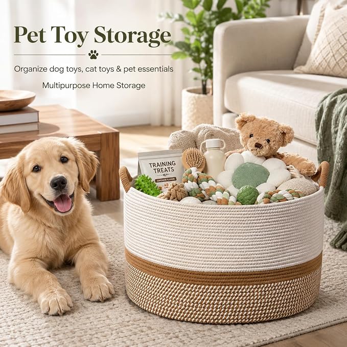 KAKAMAY Large Blanket Basket with Handles, Storage Basket for Living Room | Extra Large Capacity | Blanket Storage | Laundry Basket | Natural Cotton Rope | Stuffed Animal Storage | Woven Storage Basket
