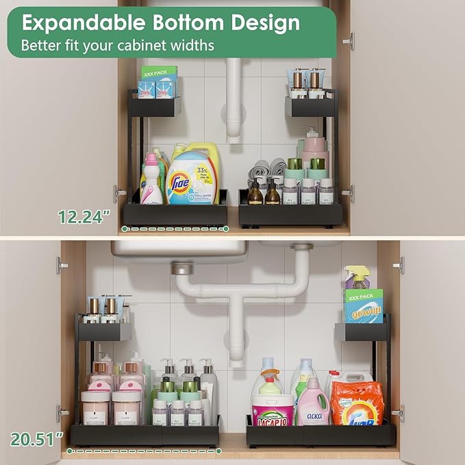 Under Sink Organizer, L-Shaped Pull Out Cabinet Rack for Kitchen | Expandable Width, 6-Level Height, Quiet Sliding Rails, Heavy-Duty Alloy Steel Frame, Pipe Clearance Design for Tight Cabinets