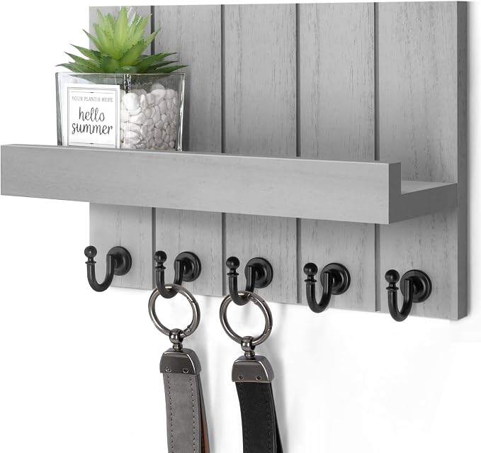 Rebee Vision Key Holder Wall Mount with Shelf, Hooks for Home Decor, Gray | 3.54"D x 10"W x 7.28"H, 5 Modern Hooks, Pine Wood Key Holder for Wall, Mail Organizer, Farmhouse Decor, Apartment Essential