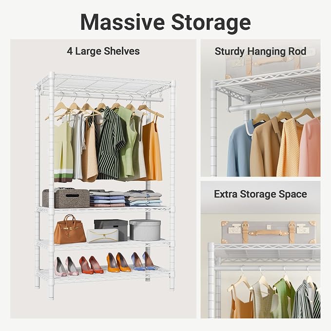 VIPEK V1 4-Tier Clothes Rack with Hanging Rod, Freestanding Closet, White | Freestanding Closet Clothing Rack with 4 Adjustable Shelves for Bedroom/Closet/Laundry Rooms, Heavy Duty Max Load 500 LBS