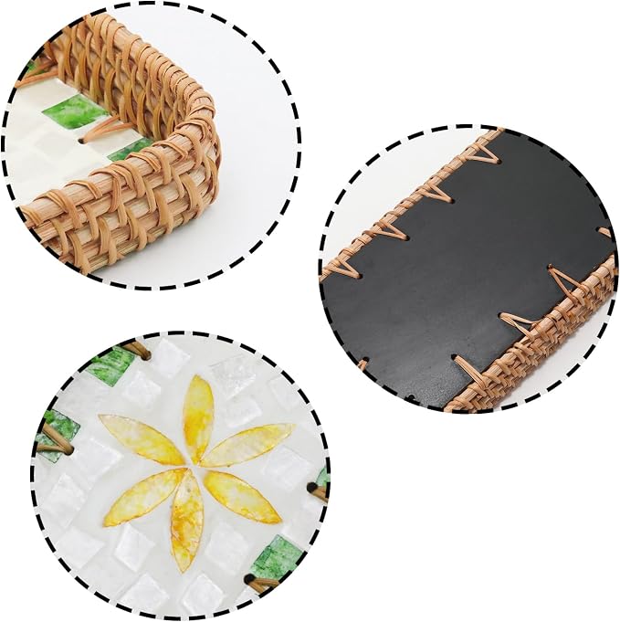Small Rattan Decorative Tray with Mother of Pearl Inlay, 8.3x4.3 | Extra Small Handwoven Wicker Tray with Mother of Pearl Base for Coffee Table Bathroom Entryway Boho Farmhouse Home Decor Gift