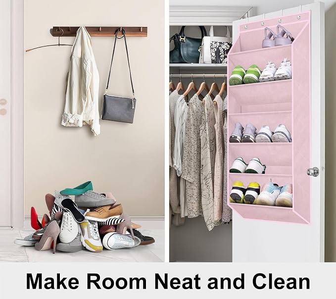 SLEEPING LAMB Over The Door Shoe Organizer for Closet with Large Deep Pockets, Narrow Shoe Rack for Door Hanging Boots Storage, Pink
