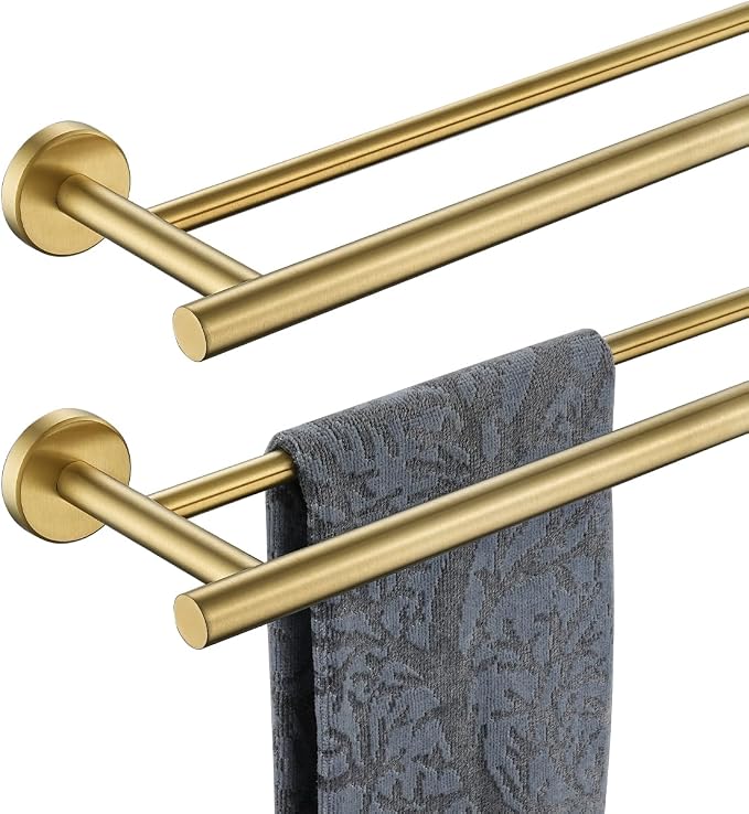JQK Double Towel Bar 27 Inch, Brass Gold Useable Length 24 Inch 304 Stainless Steel Thicken 0.8mm Bath Towel Rack for Bathroom, Towel Holder Wall Mount 2 Pack, TB100L24-BG-P2