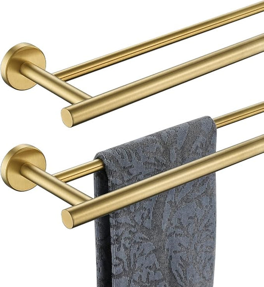 JQK Double Towel Bar 27 Inch, Brass Gold Useable Length 24 Inch 304 Stainless Steel Thicken 0.8mm Bath Towel Rack for Bathroom, Towel Holder Wall Mount 2 Pack, TB100L24-BG-P2