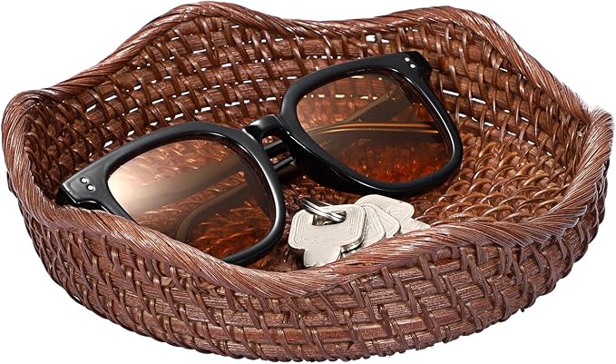Hipiwe Round Key Bowl Tray Basket For Entryway Table Small Rattan Basket | Decorative Fruite Basket Serving Trays Wicker Storage Basket for Kitchen Coffee Table Livingroom, Brown