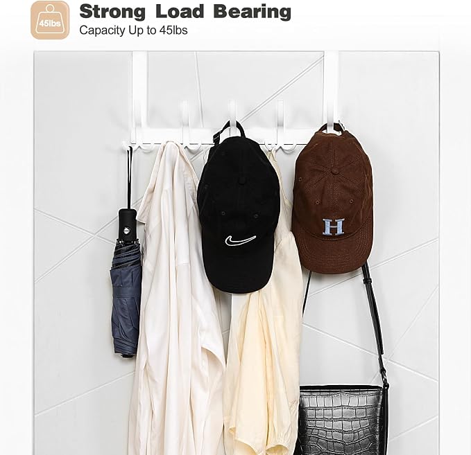 Optish Over The Door Hooks for Hanging, Over The Door Hanger with 5 Triple Coat Hooks, Over The Door Towel Rack for Bathroom, Door Hanger Hooks for Coat, Bags and Hat (White, 2 Pack)