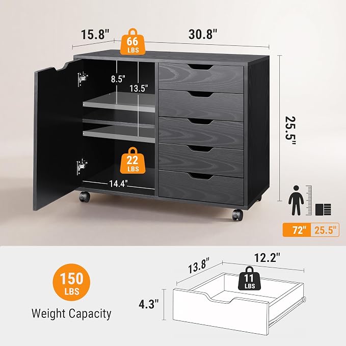 DEVAISE 5-Drawer Wood Drawer Cabinet, Office Storage Cabinet, Black | Craft Storage Cabinet, Under Desk Drawer, Rolling Cart Furniture, Adjustable Shelf & Wheels, Printer Stand, Home Office