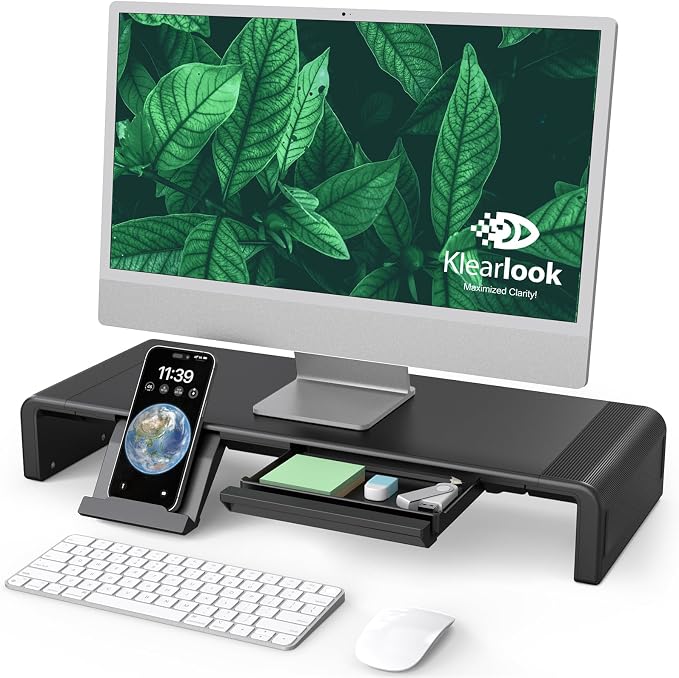 Klearlook Computer Monitor Stand for Desk, Adjustable Foldable Monitor Riser with Storage Drawer & Tablet Phone Holder for Office, Home, Laptop, Desktop (Black)