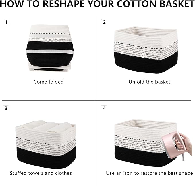 OIASKET 4 Pack Storage Baskets for Organizing, 13"X9"X7.87", Decorative Cotton Rope Baskets for Shelves, Small Woven Basket for Toys, Books and Towels, Black & White