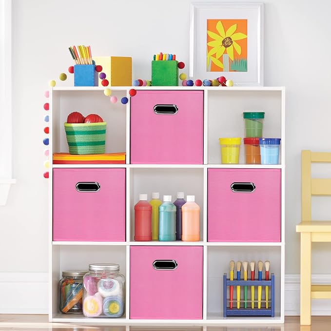 Fabric storage bins Cubes, Fabric Cube Organizer with Handle, Foldable Cube Bins for Cloth or Accessary Storage, 11x11x11, Set of 3, (Pink)