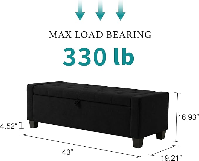 Huatean Home 43" Ottoman with Storage, Black Storage Ottoman Bench | Upholstered Entryway Bench with Seating for Bedroom, Living Room with Safety Hinge, Holds up to 330 lb