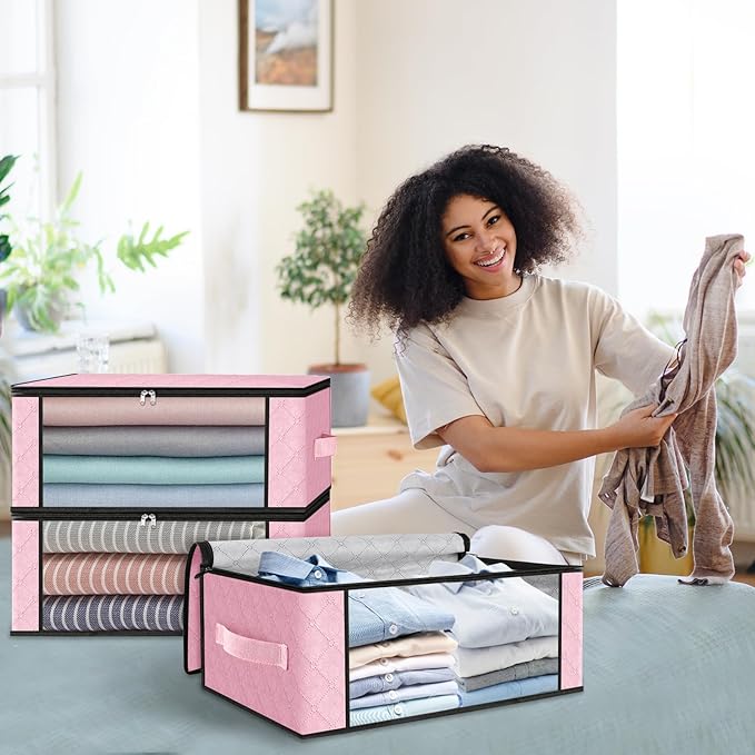 HomeHacks 6-Pack Clothes Organizer Storage Bags, 35L Storage Bins, Pink | Foldable Storage Box Container with Zippers, Clear Window, Reinforced Handles for Closet, Dorm, Pillows, Bedding, Sweater