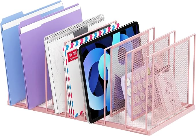 File Organizer for Desk, 7-Section Vertical File Sorter, Paper Holder Organizer Standing Metal File Folder for Office Home Classroom, Pink