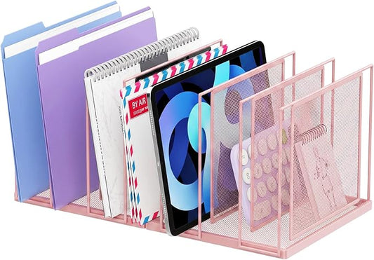 File Organizer for Desk, 7-Section Vertical File Sorter, Paper Holder Organizer Standing Metal File Folder for Office Home Classroom, Pink