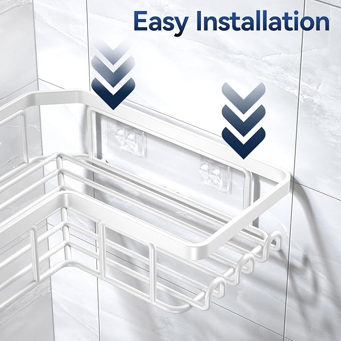 YASONIC Corner Adhesive Shower Caddy, with Soap Holder and 12 Hooks, Rustproof Stainless Steel Bathroom Organizer, No Drilling Wall Mounted Rack, White, 3-Pack